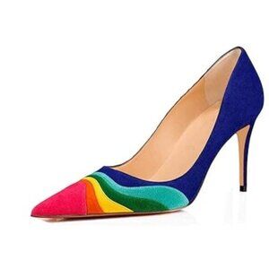Women Rainbow Kitten Heels Pumps Pointed Toe Suede Stiletto, 3 inch High heel